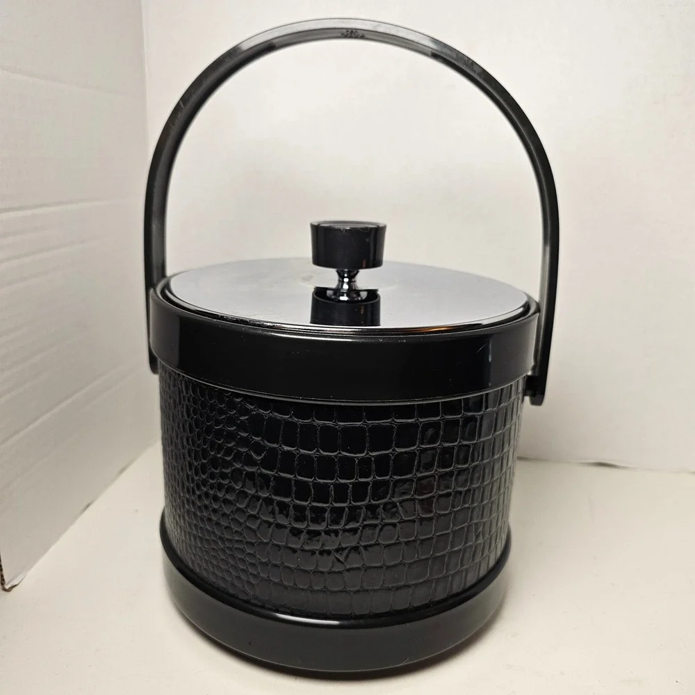 MCM Ice Bucket Black Faux‎ Crocodile Chrome Lid Mid Century Modern Barware Japan